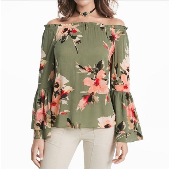 White House Black Market Tops - White House Black Market Off The Shoulder Green Floral Blouse